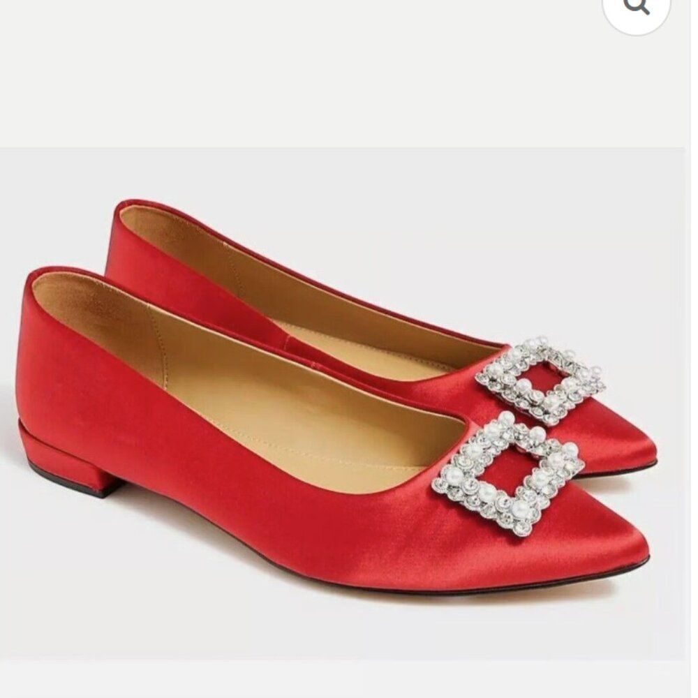 J.Crew Factory Crystal Embellished Pointed-Toe Satin Flats - Size 8(NEW IN BOX)